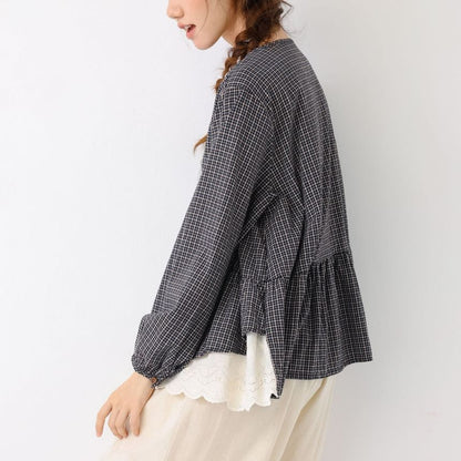 Plaid Lace Panel Button-Front Blouse