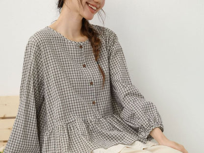 Plaid Lace Panel Button-Front Blouse