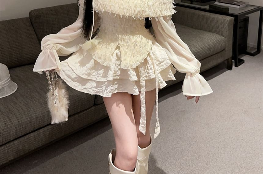 Long Sleeve Off Shoulder Lace Top & Mini Tiered Skirt