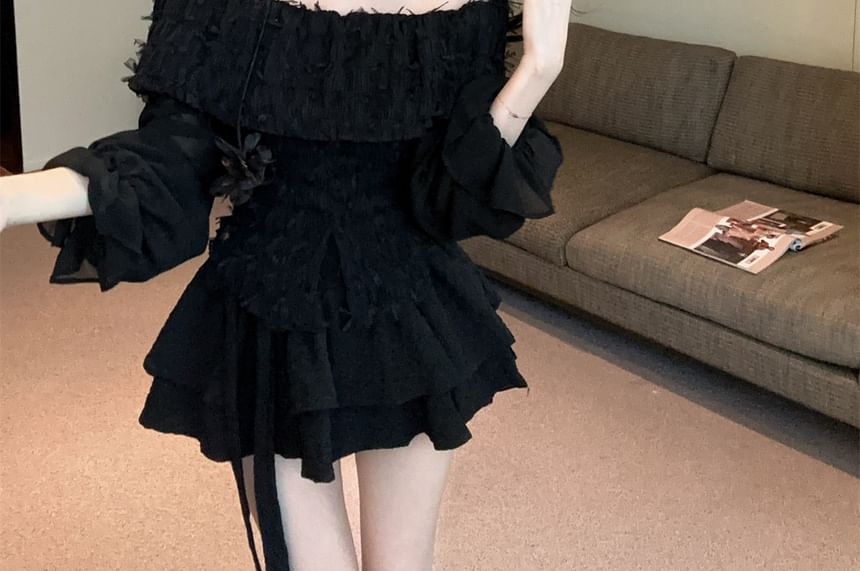 Long Sleeve Off Shoulder Lace Top & Mini Tiered Skirt
