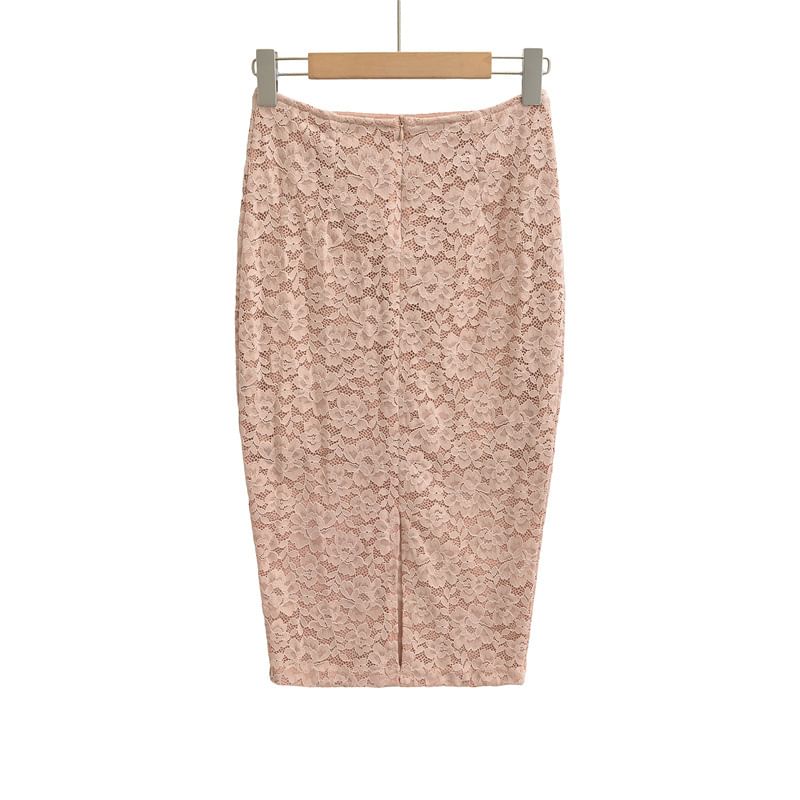 Lace Slit Midi Pencil Skirt with High Waist