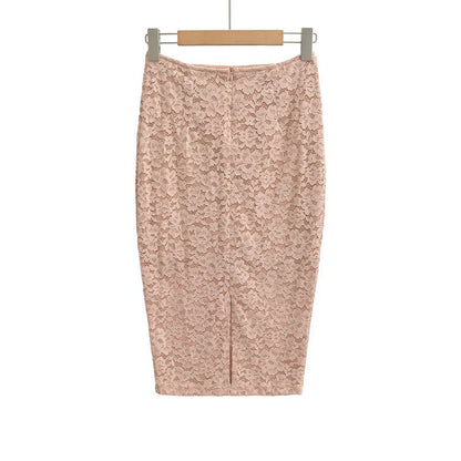 Lace Slit Midi Pencil Skirt with High Waist