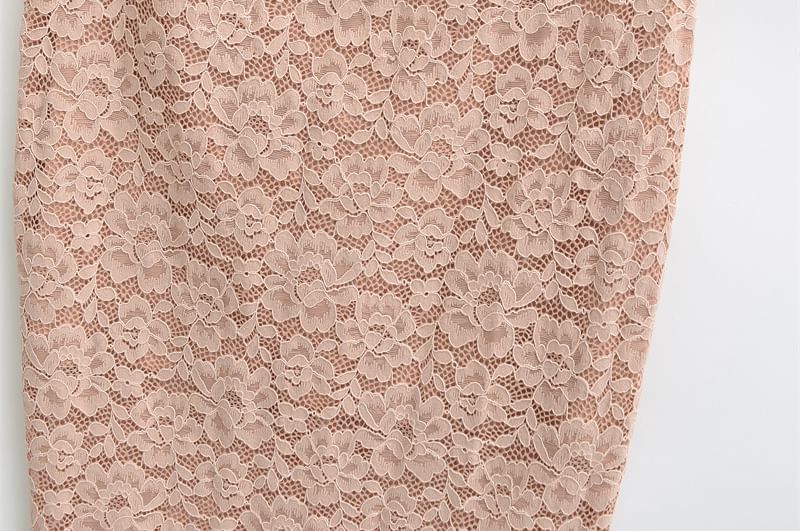 Lace Slit Midi Pencil Skirt with High Waist
