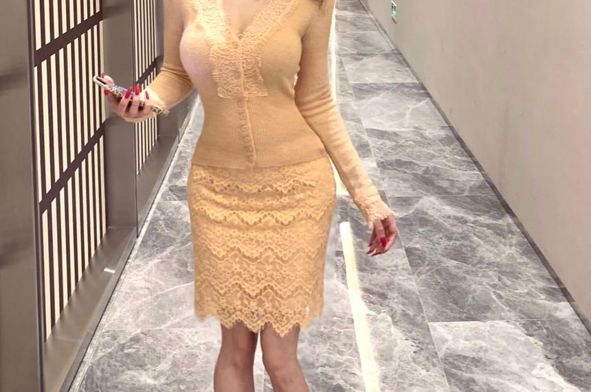 V-Neck Lace Cardigan and Mini Pencil Skirt Set