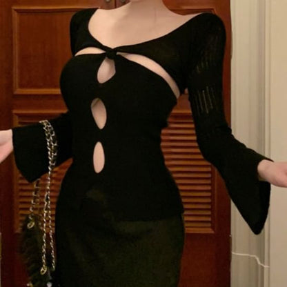 V-Neck Cutout Slim Crop Knit Top with Long Sleeves