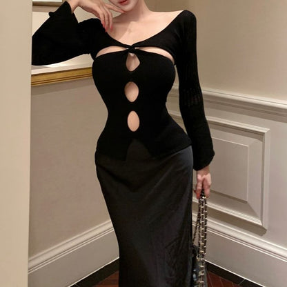 V-Neck Cutout Slim Crop Knit Top with Long Sleeves