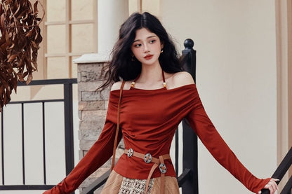 Off-Shoulder Top and Plaid Maxi Skirt with Belt Set