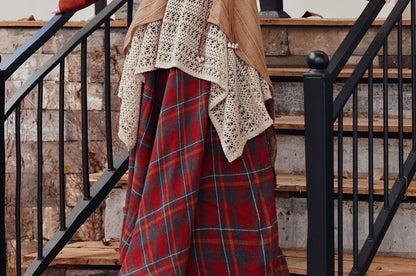 Off-Shoulder Top and Plaid Maxi Skirt with Belt Set
