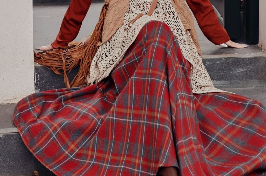 Off-Shoulder Top and Plaid Maxi Skirt with Belt Set