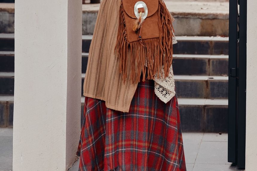 Off-Shoulder Top and Plaid Maxi Skirt with Belt Set