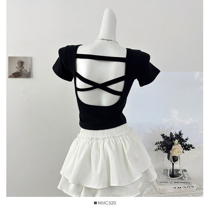 Square Neck Short-Sleeve Crop Top with Open Back