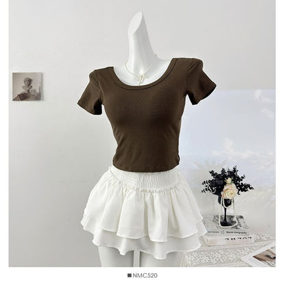 Square Neck Short-Sleeve Crop Top with Open Back