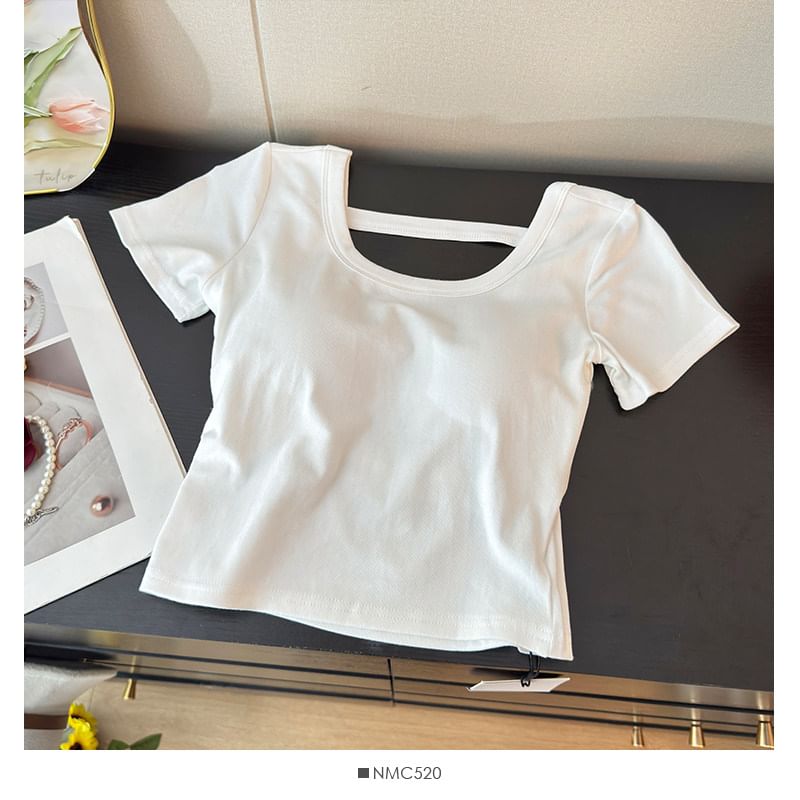 Square Neck Short-Sleeve Crop Top with Open Back