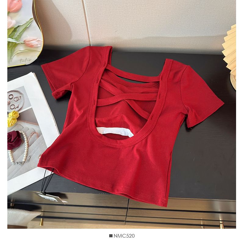Square Neck Short-Sleeve Crop Top with Open Back