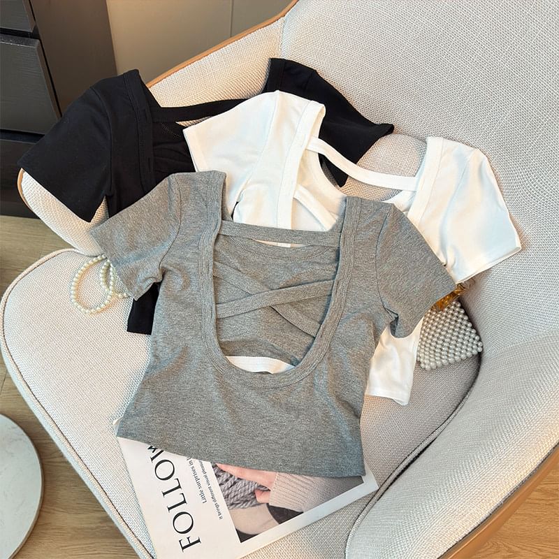 Square Neck Short-Sleeve Crop Top with Open Back