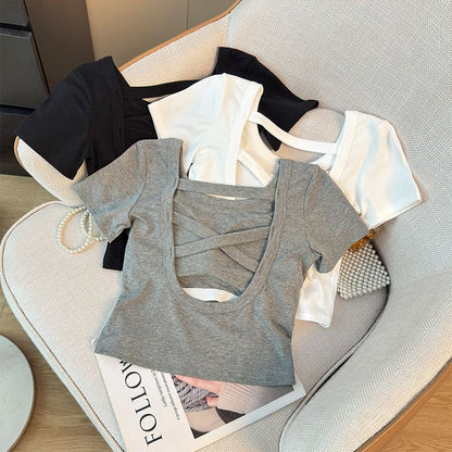 Square Neck Short-Sleeve Crop Top with Open Back