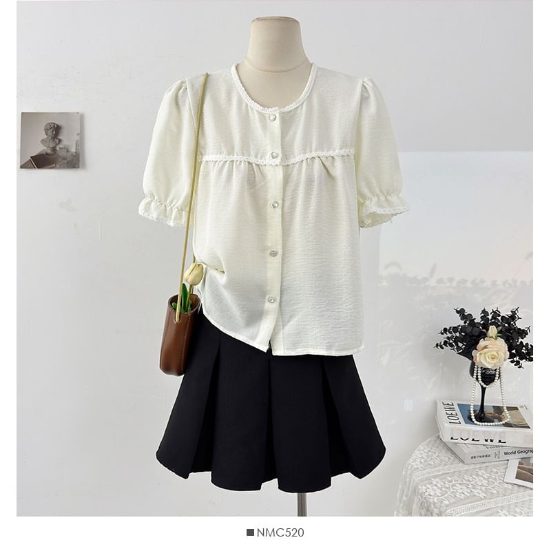 Puff Sleeve Lace-Trim Loose Blouse