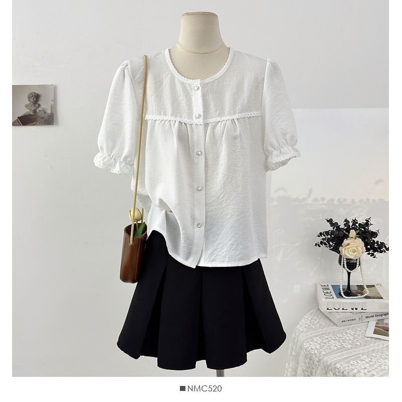 Puff Sleeve Lace-Trim Loose Blouse