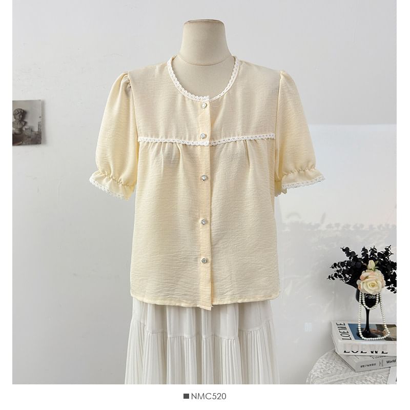 Puff Sleeve Lace-Trim Loose Blouse