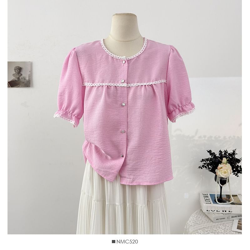 Puff Sleeve Lace-Trim Loose Blouse
