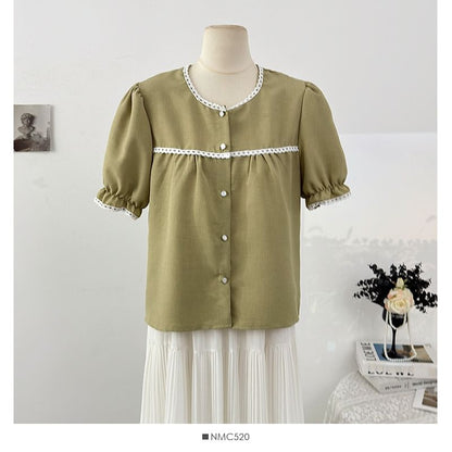 Puff Sleeve Lace-Trim Loose Blouse