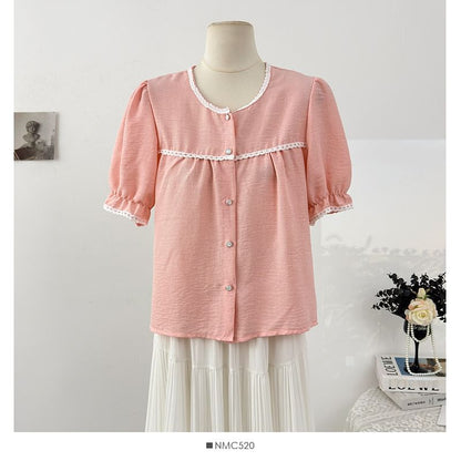 Puff Sleeve Lace-Trim Loose Blouse
