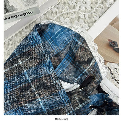 Plaid Lace-Up Fitted Tube Top with Lace Trim