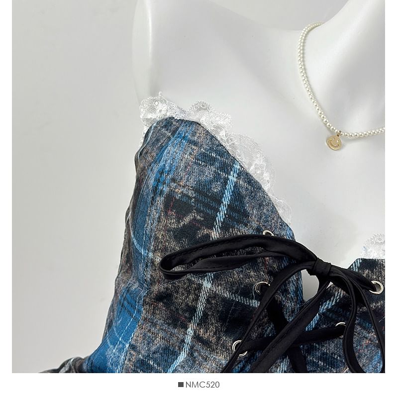 Plaid Lace-Up Fitted Tube Top with Lace Trim