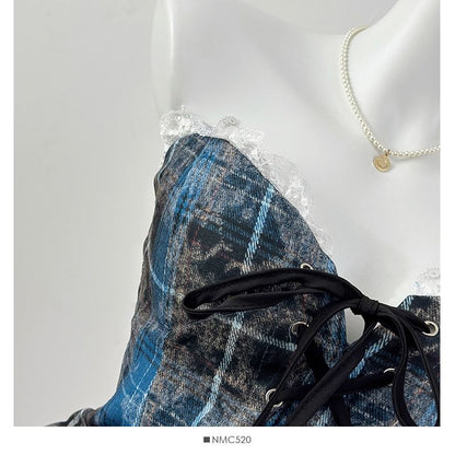Plaid Lace-Up Fitted Tube Top with Lace Trim