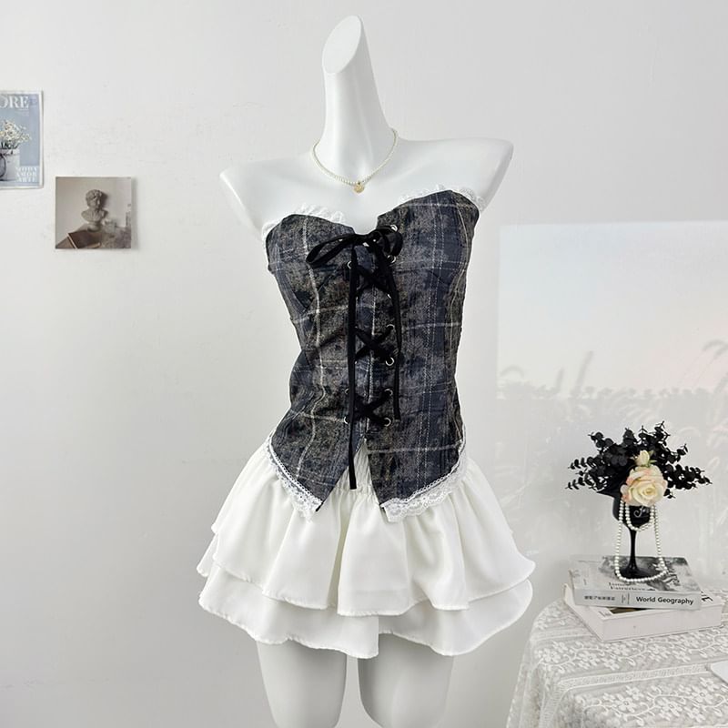 Plaid Lace-Up Fitted Tube Top with Lace Trim