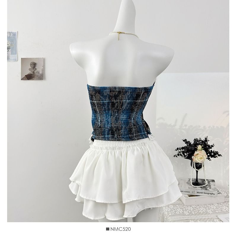 Plaid Lace-Up Fitted Tube Top with Lace Trim