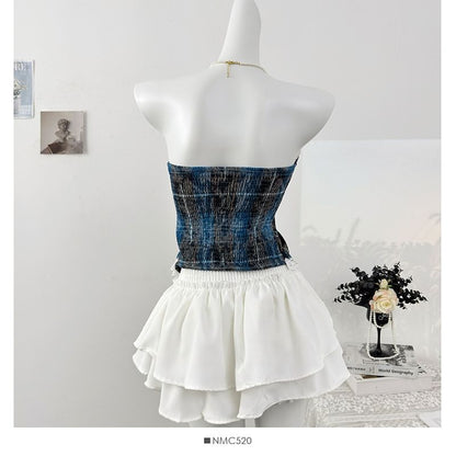 Plaid Lace-Up Fitted Tube Top with Lace Trim