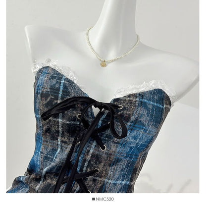 Plaid Lace-Up Fitted Tube Top with Lace Trim