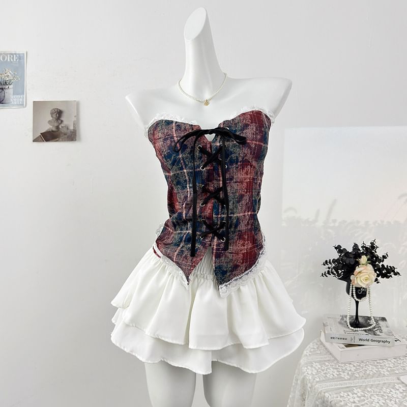 Plaid Lace-Up Fitted Tube Top with Lace Trim