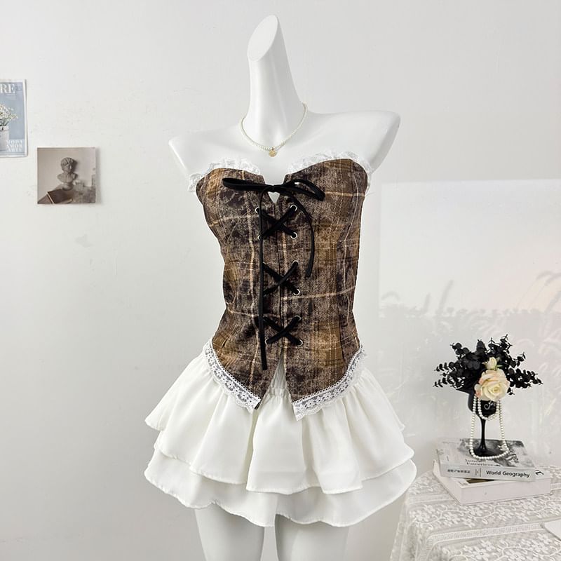 Plaid Lace-Up Fitted Tube Top with Lace Trim