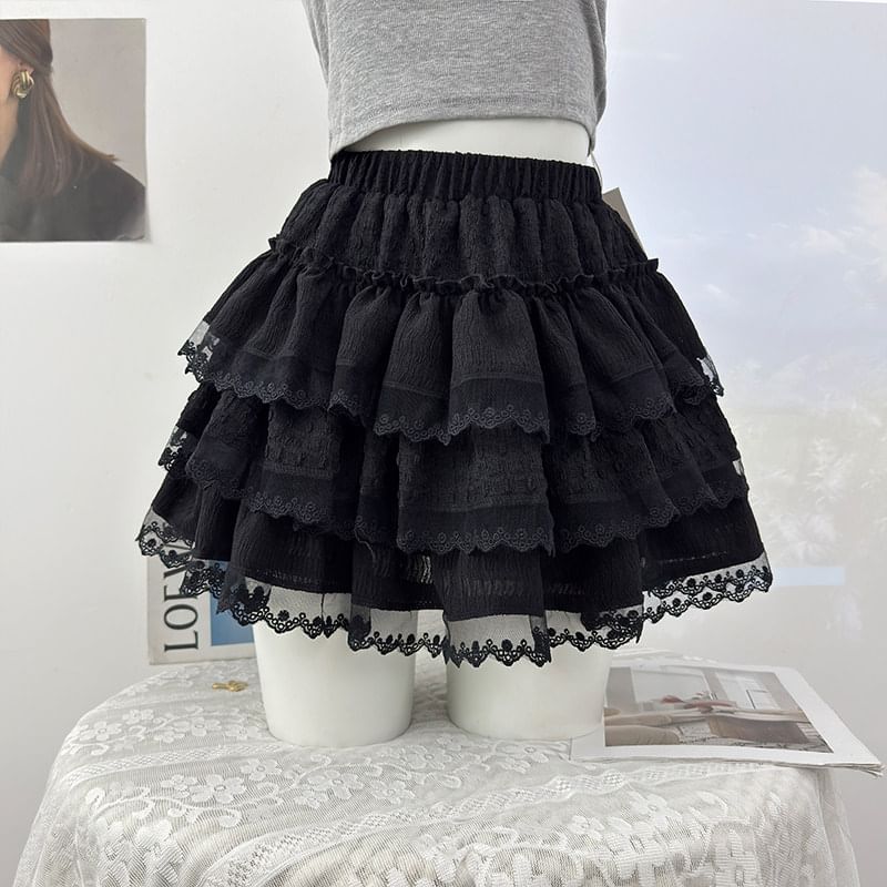 Lace-Trimmed Ruffled Tiered Mini Skirt