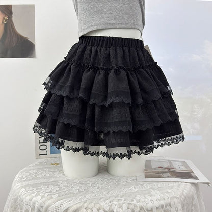 Lace-Trimmed Ruffled Tiered Mini Skirt