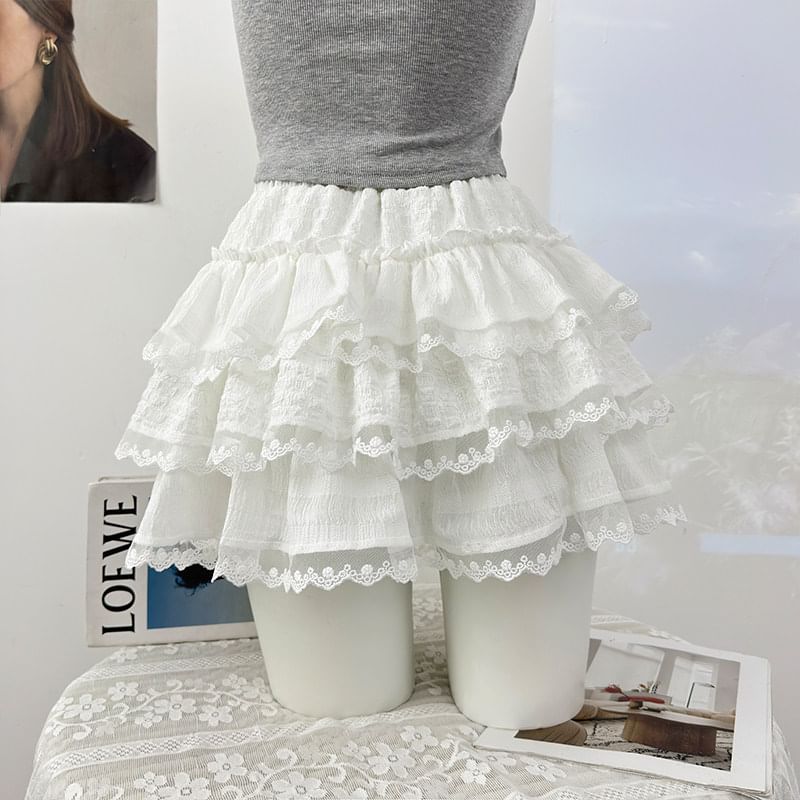 Lace-Trimmed Ruffled Tiered Mini Skirt