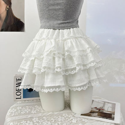 Lace-Trimmed Ruffled Tiered Mini Skirt