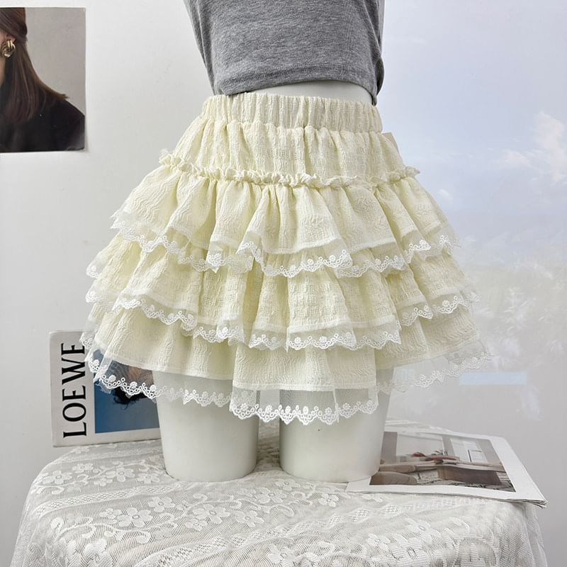 Lace-Trimmed Ruffled Tiered Mini Skirt