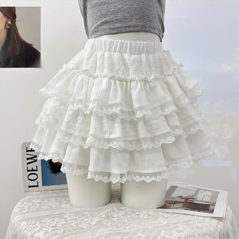 Lace-Trimmed Ruffled Tiered Mini Skirt