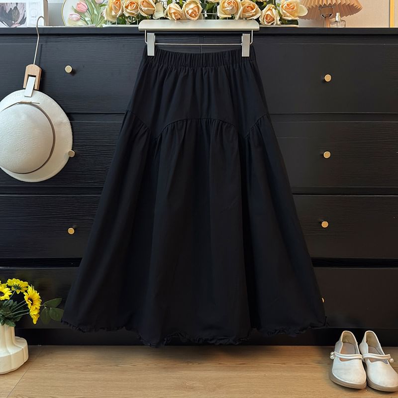 Ruffled-Trim Maxi A-Line Skirt High-Rise