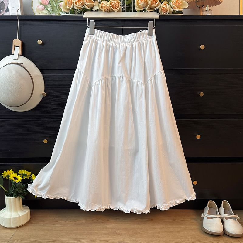 Ruffled-Trim Maxi A-Line Skirt High-Rise