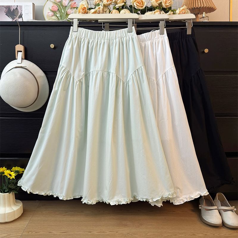 Ruffled-Trim Maxi A-Line Skirt High-Rise