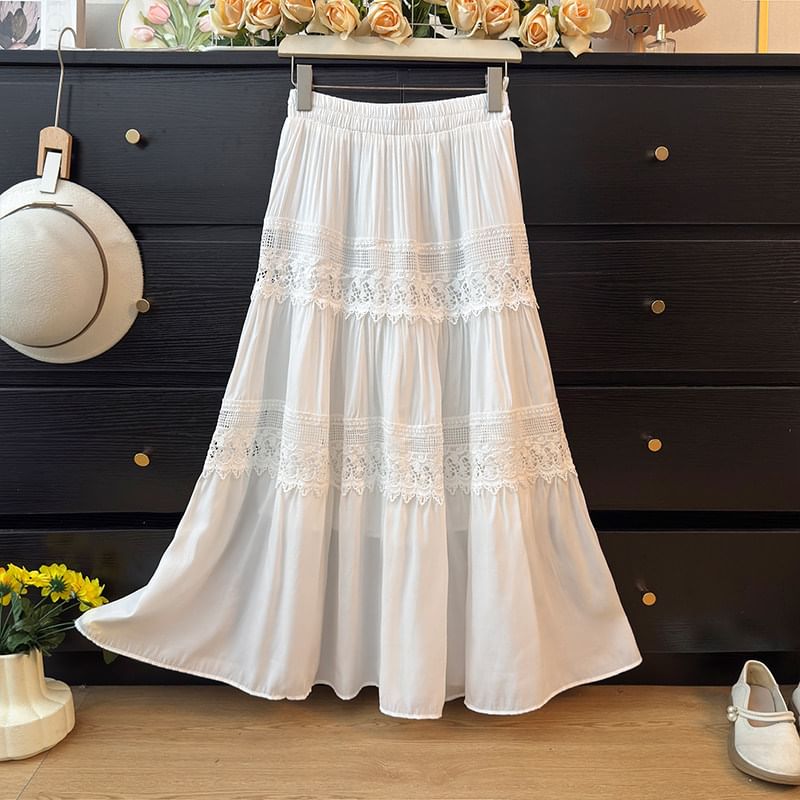 Sheer Lace Panel Tiered Maxi A-Line Skirt