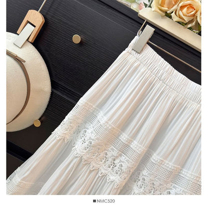 Sheer Lace Panel Tiered Maxi A-Line Skirt