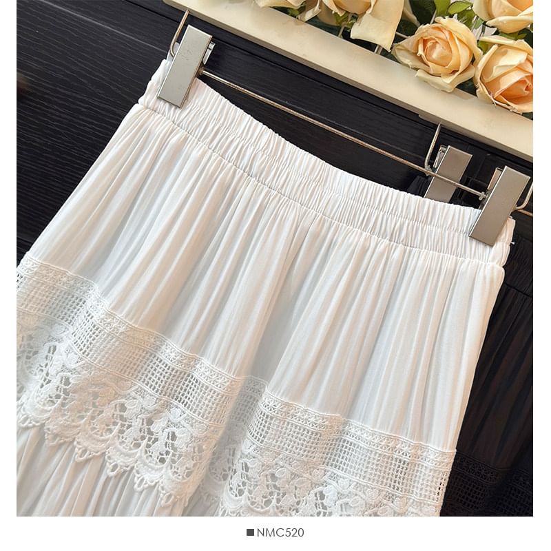 Sheer Lace Panel Tiered Maxi A-Line Skirt