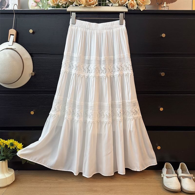 Sheer Lace Panel Tiered Maxi A-Line Skirt