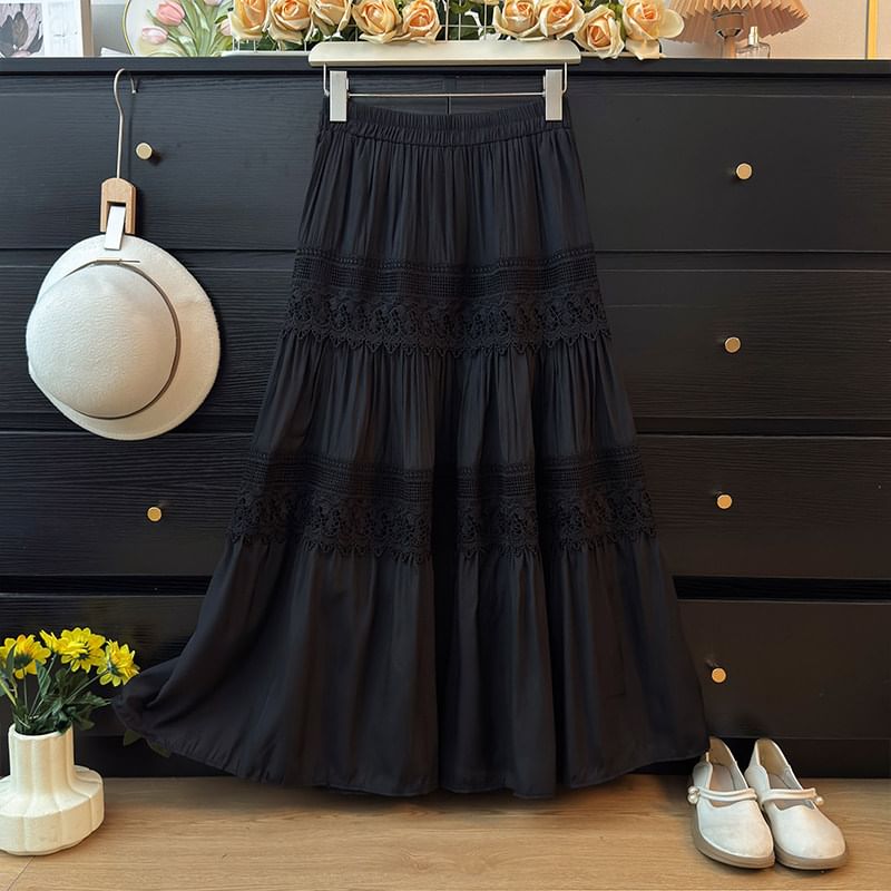 Sheer Lace Panel Tiered Maxi A-Line Skirt