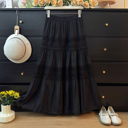 Sheer Lace Panel Tiered Maxi A-Line Skirt